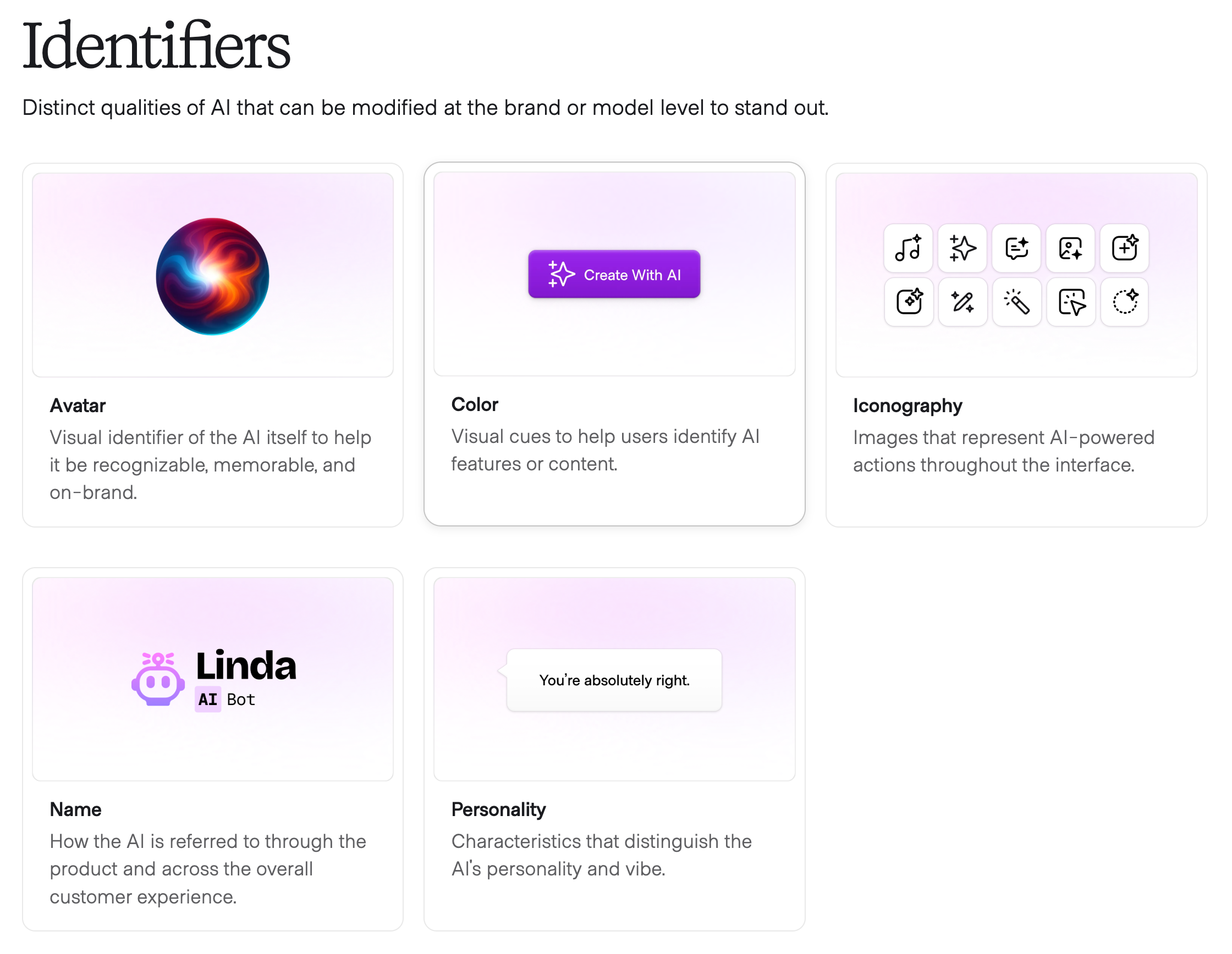 Avatar, Color, Iconography, Name and Personality as AI persona patterns