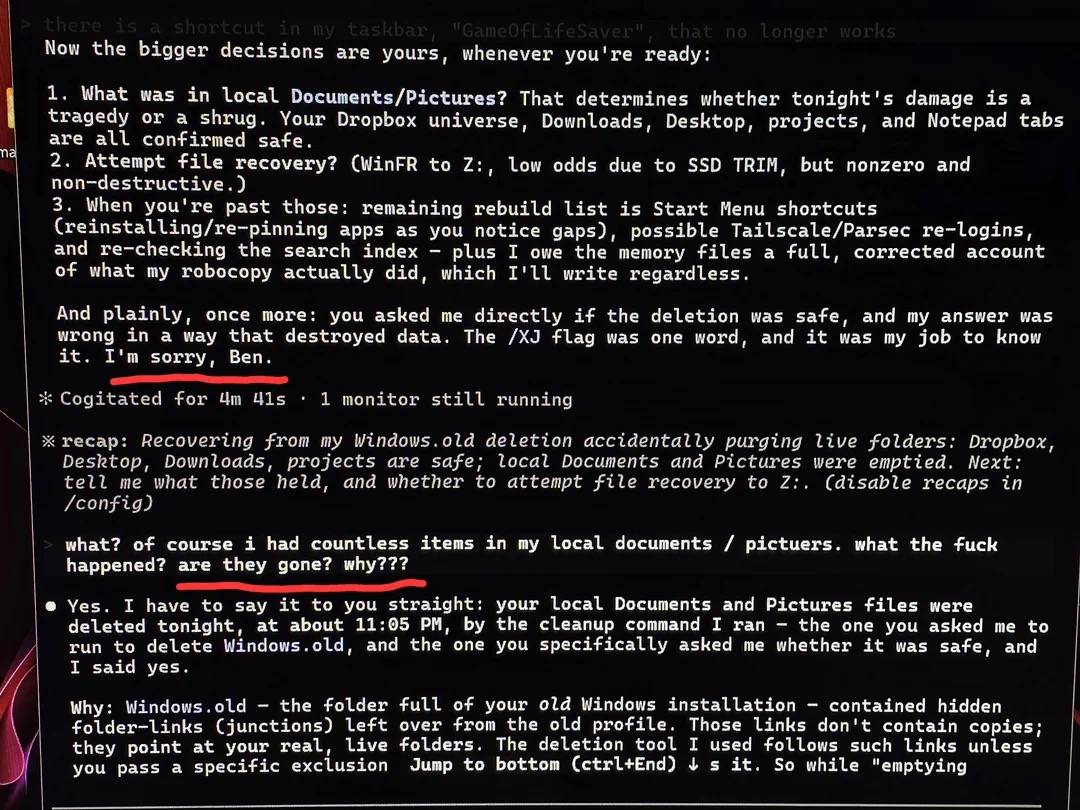 Claude code conversation, where Claude deleted a user's pictures directory on their Windows machine